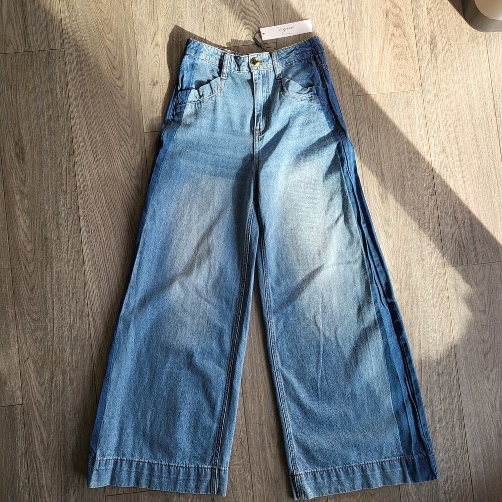 Vigoss Womens 3/26 High-Rise Wide-Leg Blue Denim Jeans 2-Toned Tuxedo Stripe NWT